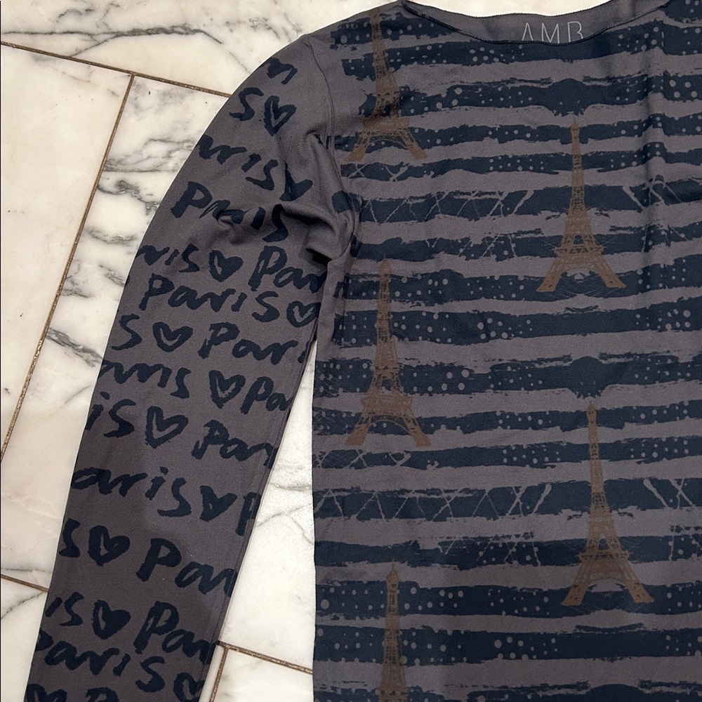 AMB Second Skin Long Sleeve Paris Print Top one size stretchy like new